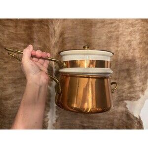 Vintage Taurus Portugal Copper Double Boiler Sauce Pan Pot Brass Handles Lid